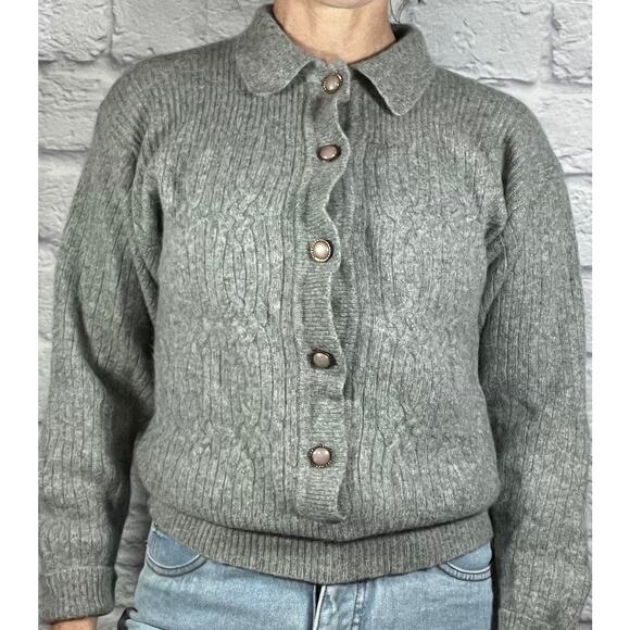 Vintage Wool and Angora Button Up Cable Knit Collared Grandma Chic Sweater - Picture 2 of 8